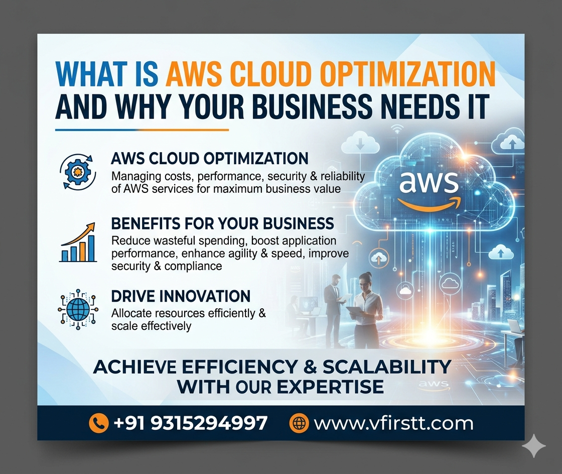 vFirstt marketing banner explaining AWS Cloud Optimization with business growth icons, technical graphics, and clear contact call-to-action details.